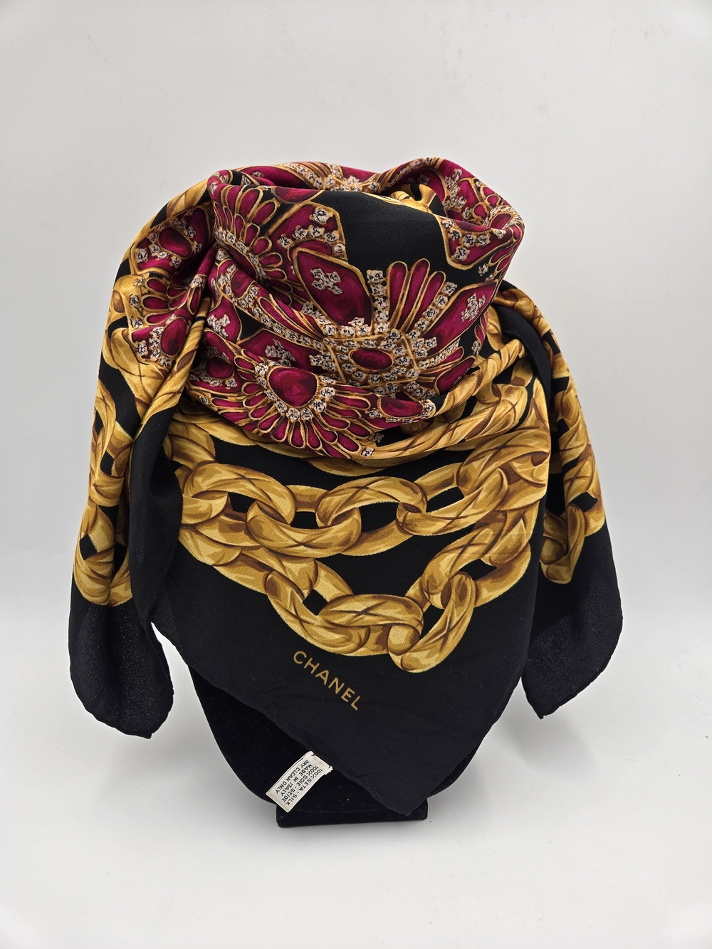 CHANEL Vintage Silk Scarf Pearl Gripoix Gold Chains Burgundy Jewels (COA)